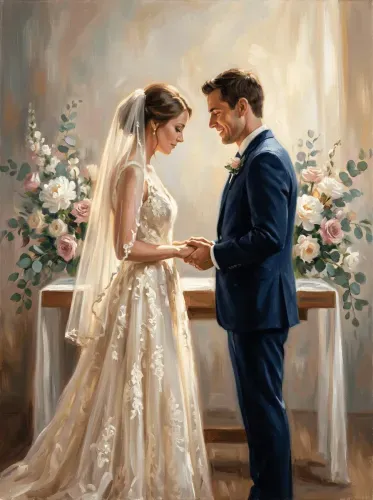 Oil Wedding Vows Floral Altar Portrait