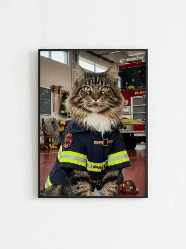 Photorealistic Tabby Cat Firefighter Firehouse Portrait framed preview