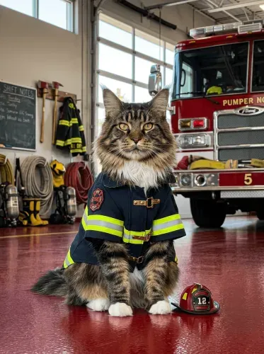 Photorealistic Tabby Cat Firefighter Firehouse Portrait