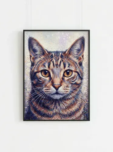 Pointillist Cat Portrait Golden Eyes framed preview