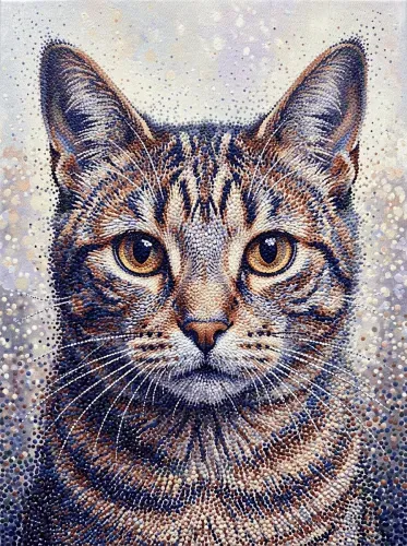 Pointillist Cat Portrait Golden Eyes