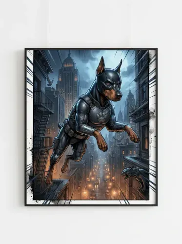 Pop Art Armored Doberman Superhero Cityscape framed preview