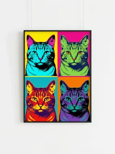 Pop Art Neon Cat Four Panel Print framed preview