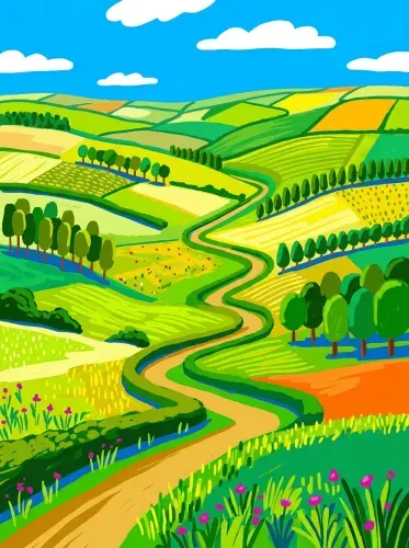 Pop Art Rolling Farmland Vibrant Landscape