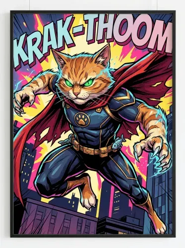 Pop Art Superhero Cat Neon Comic framed preview