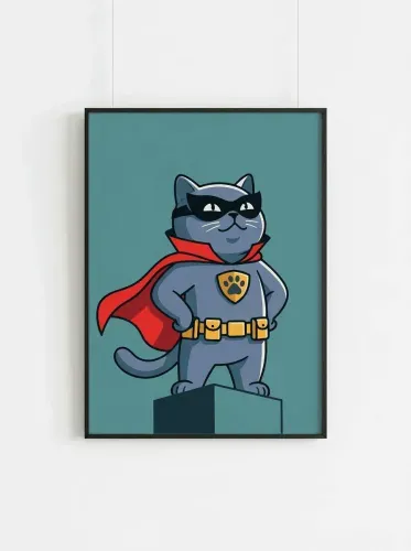Pop Art Superhero Cat Red Cape Illustration framed preview