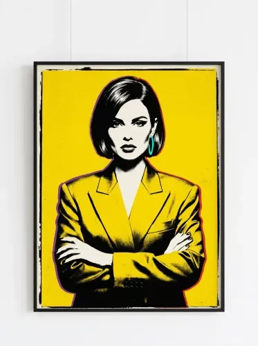 Pop Art Yellow Blazer Turquoise Hoop Earrings framed preview