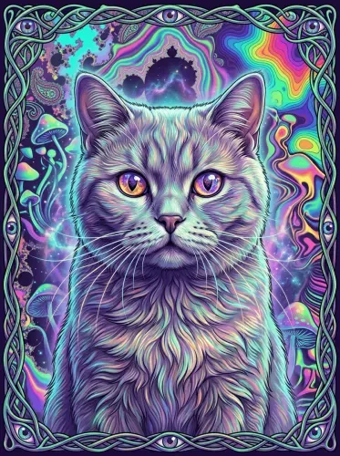 Psychedelic Neon Cat Galaxy Eyes Art