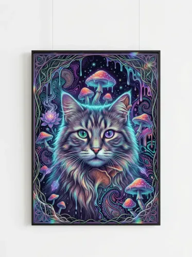 Psychedelic Neon Cat Mushroom Fantasy framed preview