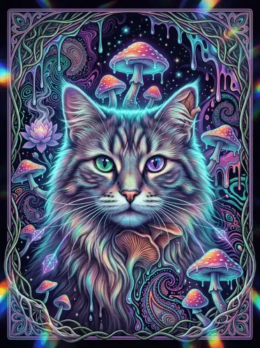Psychedelic Neon Cat Mushroom Fantasy