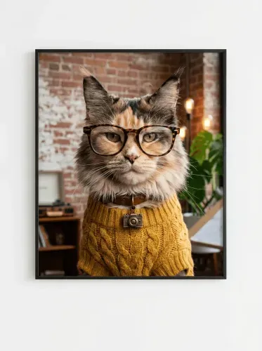 Realistic Cat Glasses Mustard Sweater Portrait framed preview