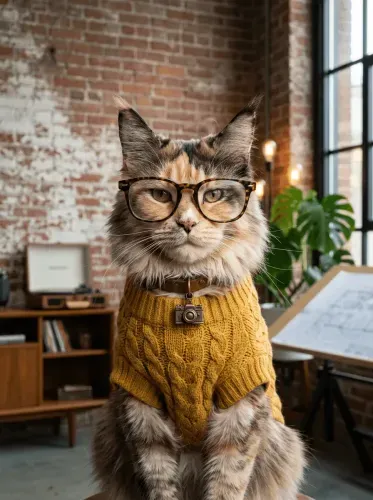 Realistic Cat Glasses Mustard Sweater Portrait