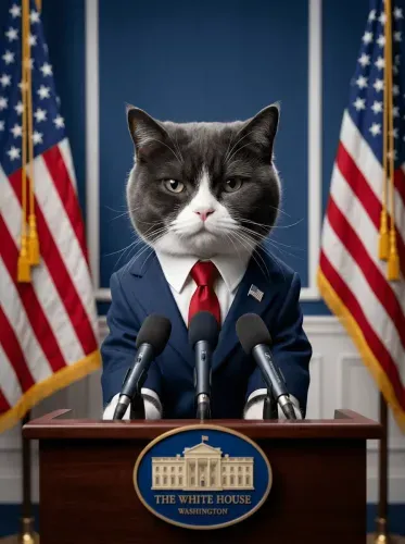 Realistic Cat Political Podium Portrait