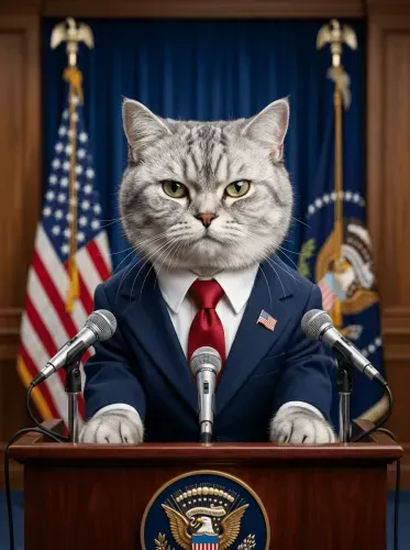 Realistic Cat Presidential Podium Portrait