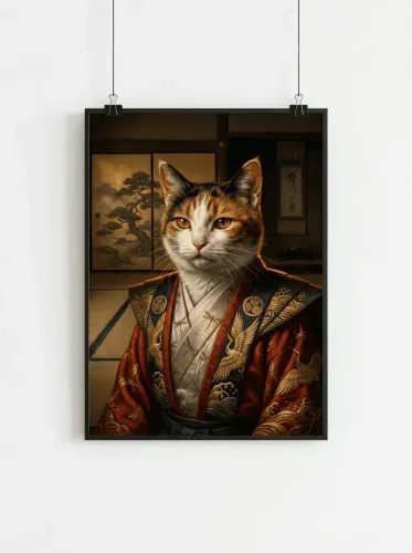 Realistic Cat Samurai Golden Embroidered Robe framed preview