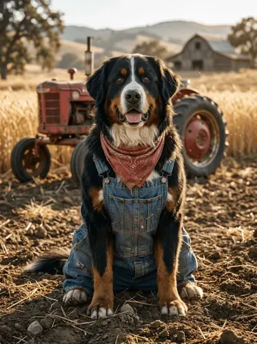 Realistic Farm Dog Denim Overalls Portrait