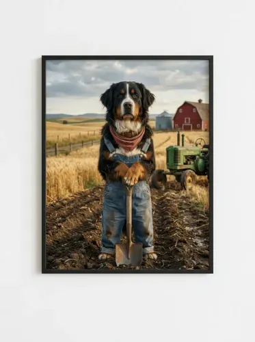 Realistic Farmhand Dog Denim Overalls Portrait framed preview