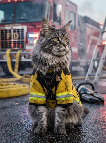 Realistic Firefighter Cat Yellow Vest Portrait
