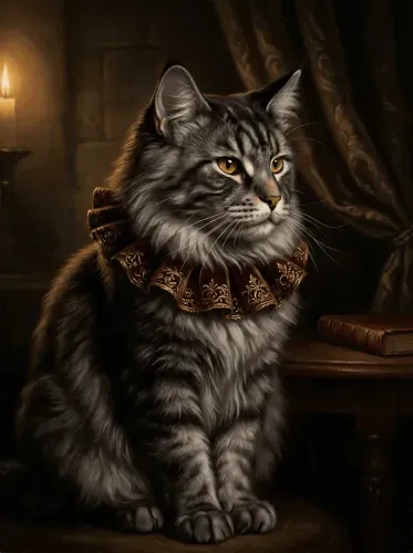 Realistic Oil Cat Burgundy Collar Portrait framed preview