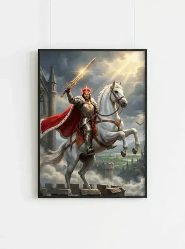 Realistic Oil King Golden Sword White Steed framed preview