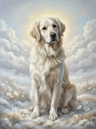 Realistic Oil Portrait Golden Retriever Clouds