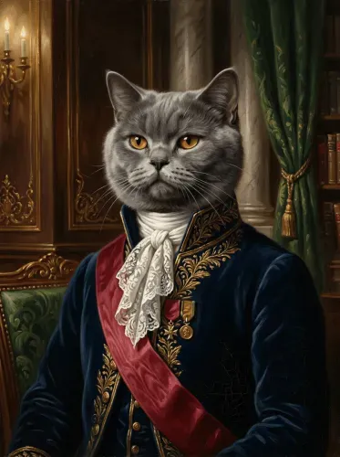 Realistic Oil Portrait Gray Cat Royal Regalia