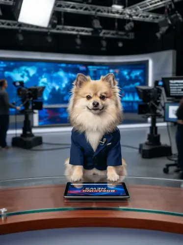 Realistic Pomeranian News Anchor Portrait