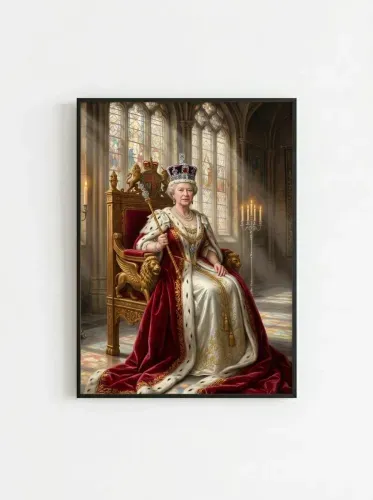 Realistic Royal Portrait Crimson Throne Cathedral framed preview