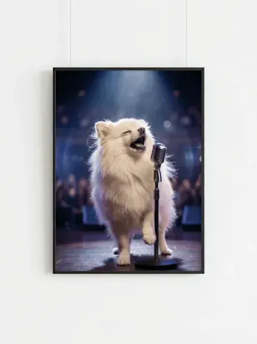 Realistic White Fluffy Dog Microphone Singer framed preview