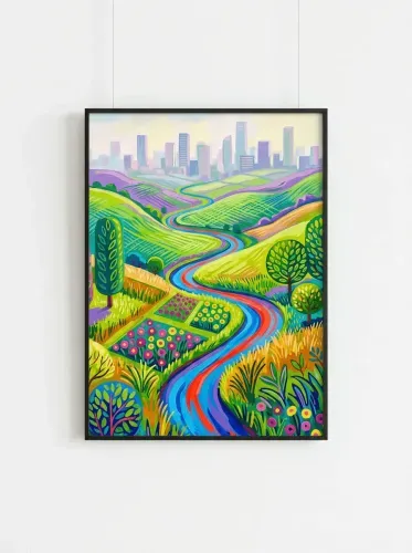 Vibrant Pop Art Rolling Farmland Cityscape framed preview
