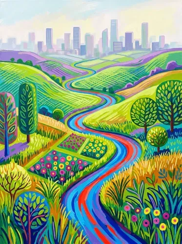 Vibrant Pop Art Rolling Farmland Cityscape