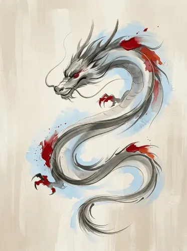 Watercolor Asian Dragon Red Accents