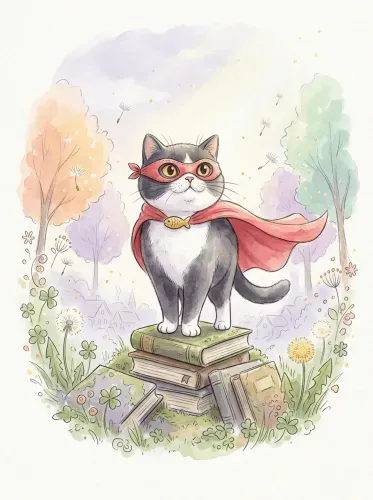 Watercolor Superhero Cat Red Cape Art