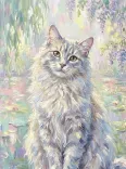 Impressionist Fluffy Cat Wisteria Garden