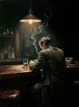 Oil Painting Smoking Man Bar Counter Portrait