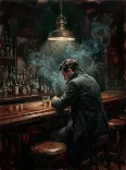 Oil Painting Solitary Bartender Moody Tavern