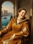 Oil Portrait Laughing Woman Golden Venetian Gown