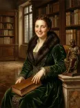 Oil Portrait Woman Emerald Velvet Library